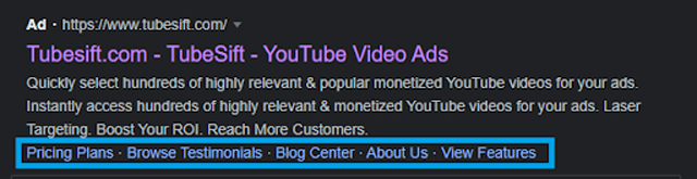Here is an example of a sitelink for Tubesift, which shows viewers other options from the website.