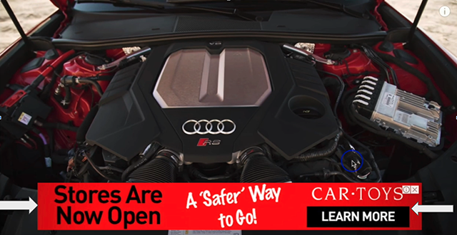 Video Overlay Ad example. This is a Car Toys ad on a video about Audi RS6.