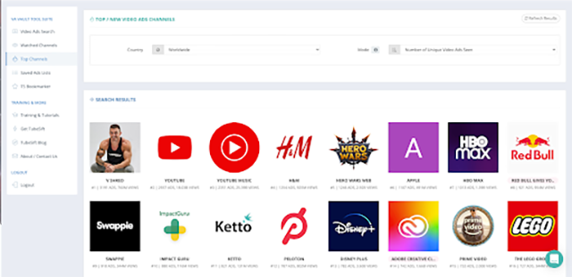 The Top Channels feature in Video Ad Vault shows you the top advertisers on the platform today. 